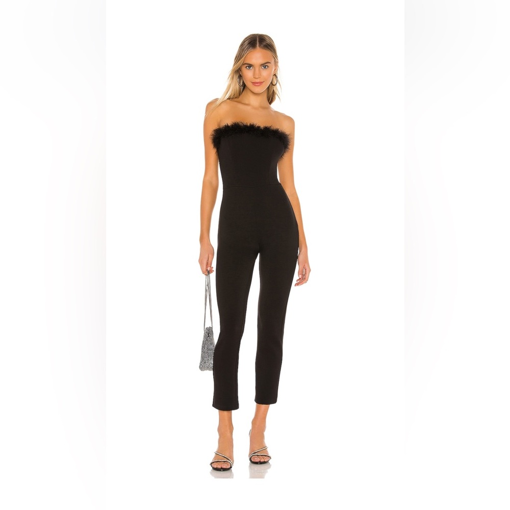 Black jumpsuit with feather trim